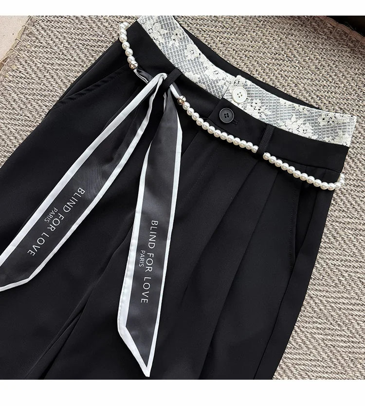 PENDRA Lace Panel High Waist Wide Leg Suit Pants