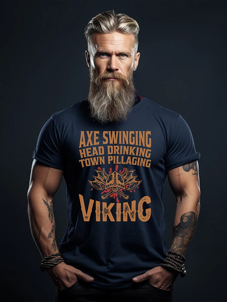 Summer Everyday Casual Men's T-shirt Fashionable Street Men's T-shirt Outdoor Sports Comfort Men's Short Sleeve Top Viking Print