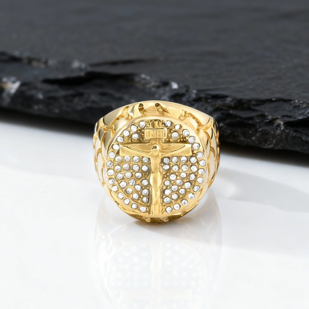 Gold Color Crucifix Jesus Cross Rings for Men,Hip Hop Stainless Steel Signet Ring with Full Rhinestone,Rapper Party Jewelry Gift