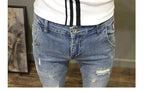 Light-colored Distressed Denim Cropped Trousers For Men Personality Slant Pocket Design, Embroidered Slim-fit Pencil Trousers