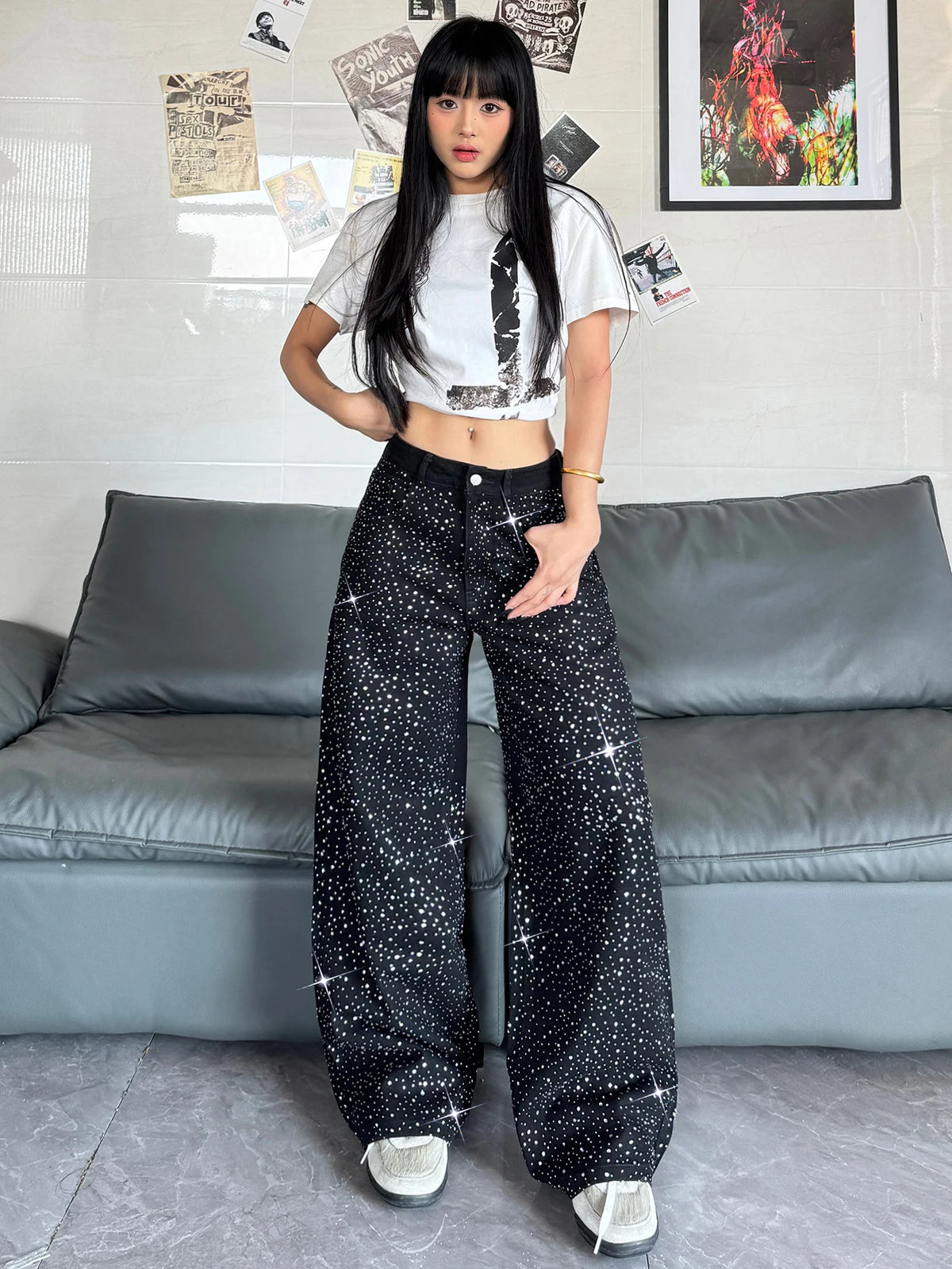 Women's American Retro Washed Niche Design Hot Diamond Black High-Waisted Jeans, Casual, Loose And Versatile Wide-Leg Pants, Trendy Straight Trousers