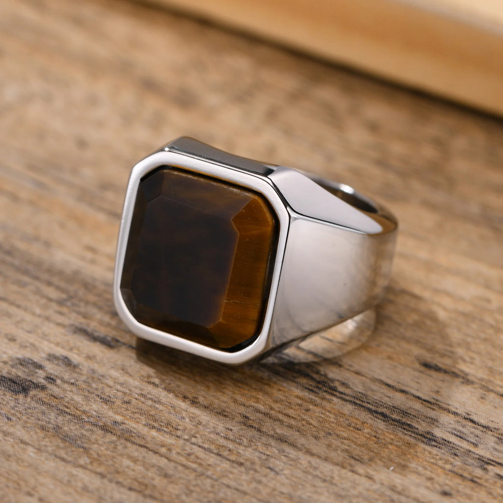 Rock Punk Geometric Square Natural Stone Signet Rings for Men, Stainless Steel Party Wear Finger Ring Gift Jewelry