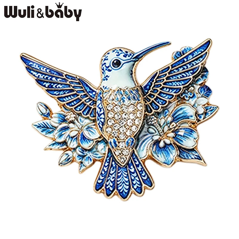 PENDRA Floral Hummingbird Rhinestone Brooch
