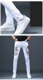 Spring Summer White Hot Drill Ripped Cowboy Korean Style Streetwear Men Washed Luxury Holes Slim Hip-hop Stylish Jeans Trousers