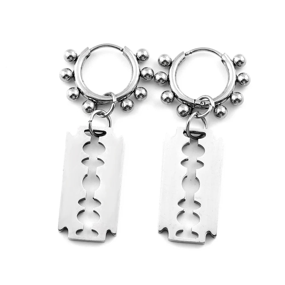 Punk Gothic Razor Blade Drop Earrings for Women Men Black Silver Color Hip Hop Stainless Steel Beads  Earring Rock Party Jewelry