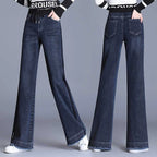 Elastic waisted denim wide leg pants women in spring and autumn new high waisted slim straight leg floor length pants