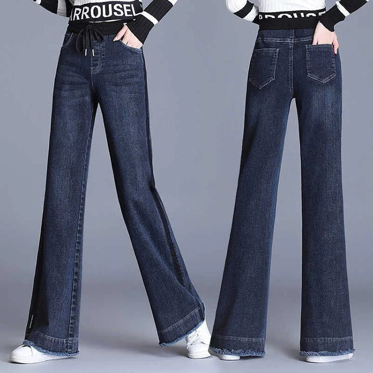 Elastic waisted denim wide leg pants women in spring and autumn new high waisted slim straight leg floor length pants