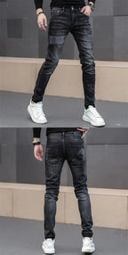 2025 Summer Ripped Jeans Men's Slim-fitting Small Feet Elastic Trousers Trendy Brand Fashion Scratched Patch Cargo Beggar Pants