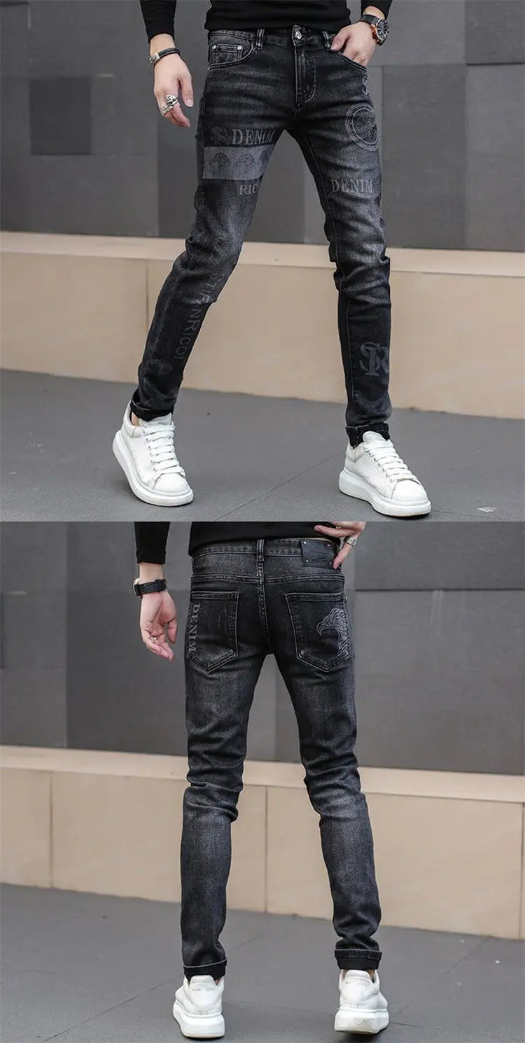 2025 Summer Ripped Jeans Men's Slim-fitting Small Feet Elastic Trousers Trendy Brand Fashion Scratched Patch Cargo Beggar Pants