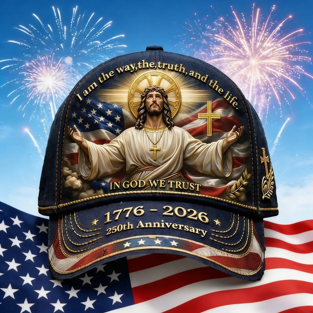 250Th Anniversary Christian Patriot Baseball Cap: A Vintage Adjustable Unisex Hat Featuring Flag And Cross Designs. Suitable for