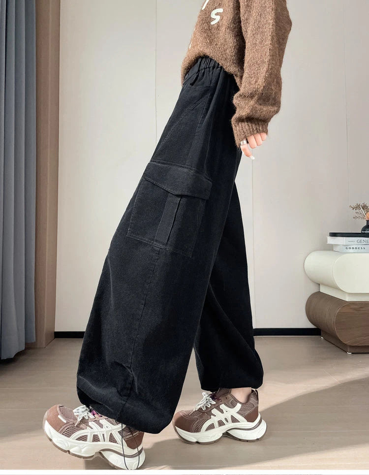 Corduroy cargo wide leg pants women in winter 2025 new high waisted loose fit slimming and ankle tied casual pants