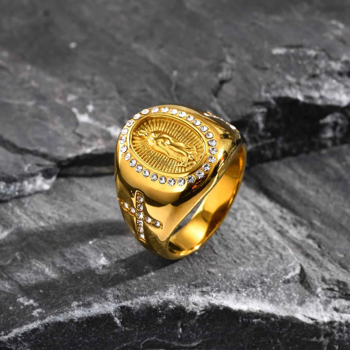Virgin Mary Stamp Ring for Men,Gold Color Stainless Steel Cross Zircon Ring,Chunky Thumb Ring Gift