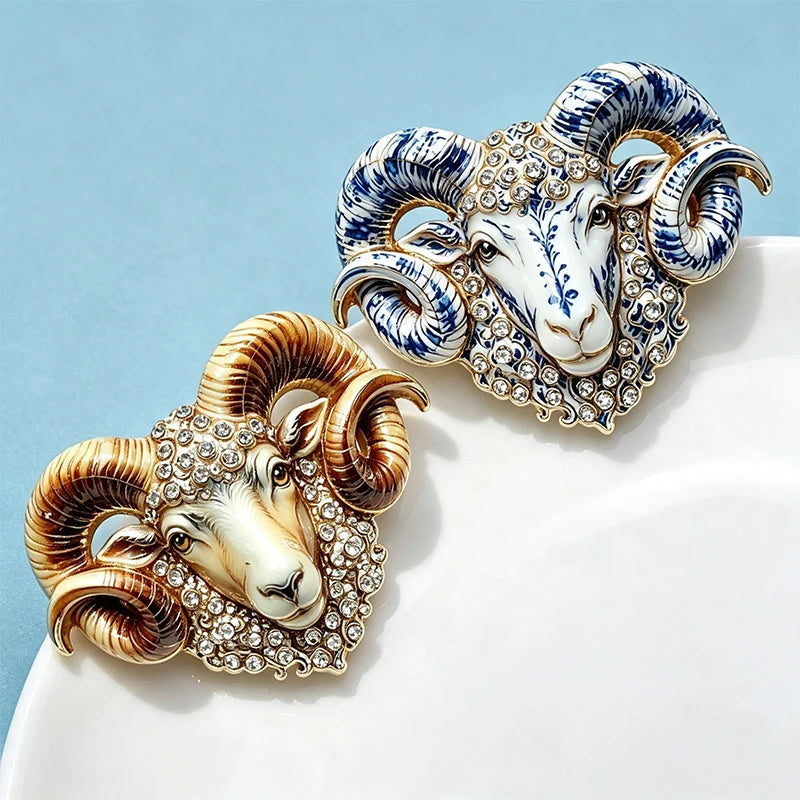 PENDRA Capra Enamel Rhinestone Goat Brooch