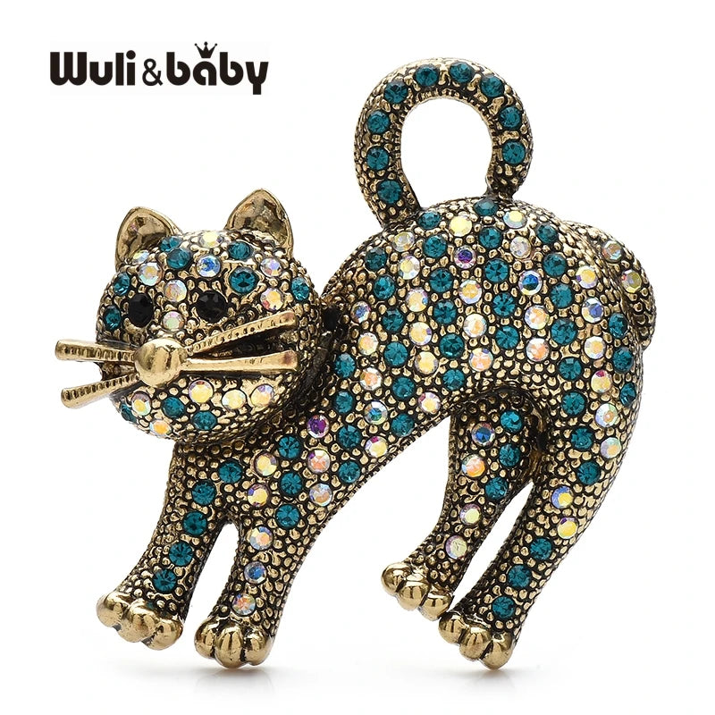 Wuli&baby Vintage Rhinestone Cat Brooches For Women 4-color Shining High Quality Pets Animal Party Office Brooch Pins Gifts