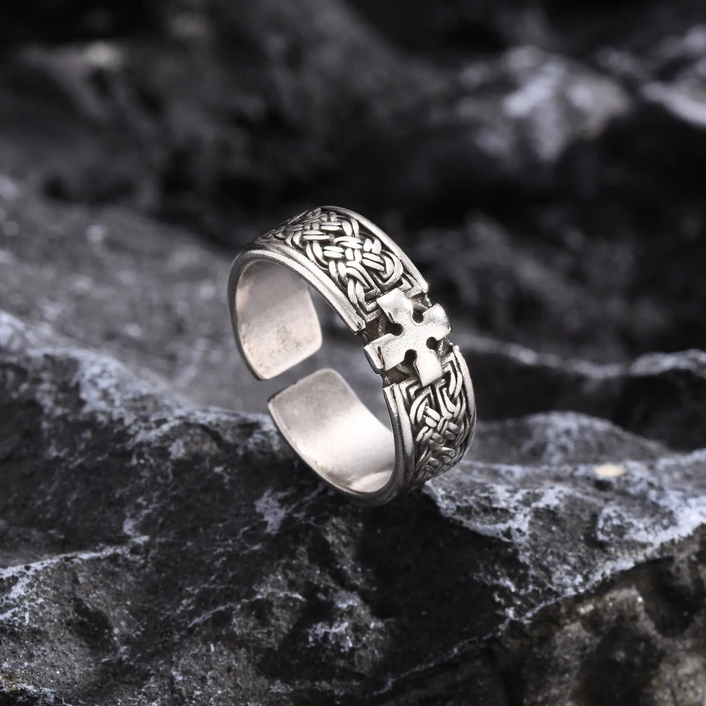 Punk Cross Metal Ring for Men Boys, 6.8mm Width European and American Style Opening Ring,Anniversary Engagement Jewelry Gift