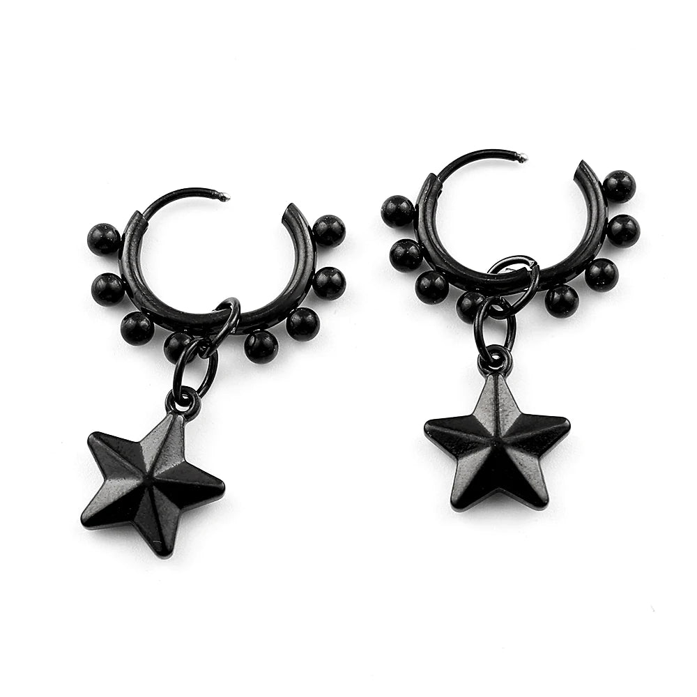 Punk Black Moon Star Hoop Earrings Gothic Crescent Dangle Stainless Steel Beaded Drop Earrings Men Women Hip Hop Jewelry Gifts