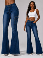 Women's High-quality Stretch Vintage Washed Cargo Flare Jeans, Y2K Style, Casual and Versatile, Suitable for All Seasons