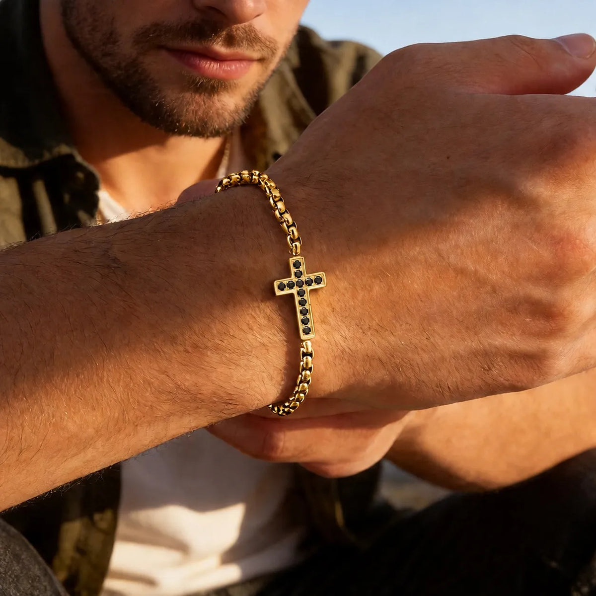 Stylish Men's Cross Bracelet,High Quality Stainless Steel Box Chain with Black CZ, Adjustable Hip Hop Faith Jewelry Gift