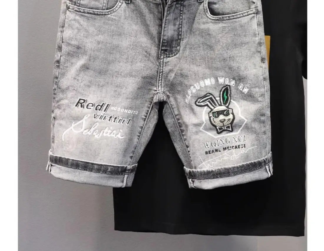 Korean Fashion Kpop Men's Casual Streetwear Boyfriend Designer Denim Shorts with Rabbit Embroidery for Summer Grey Short Jeans