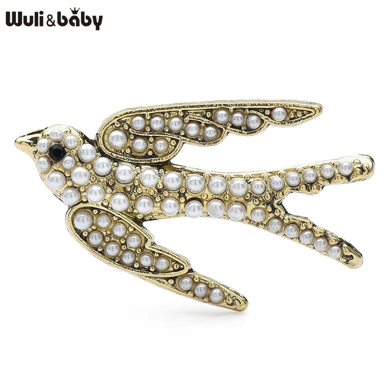 Wuli&baby Vintage Pearl Swallow Brooches For Women Unisex 2-color Lovely Flying Bird Party Casual Brooch Pins Gifts