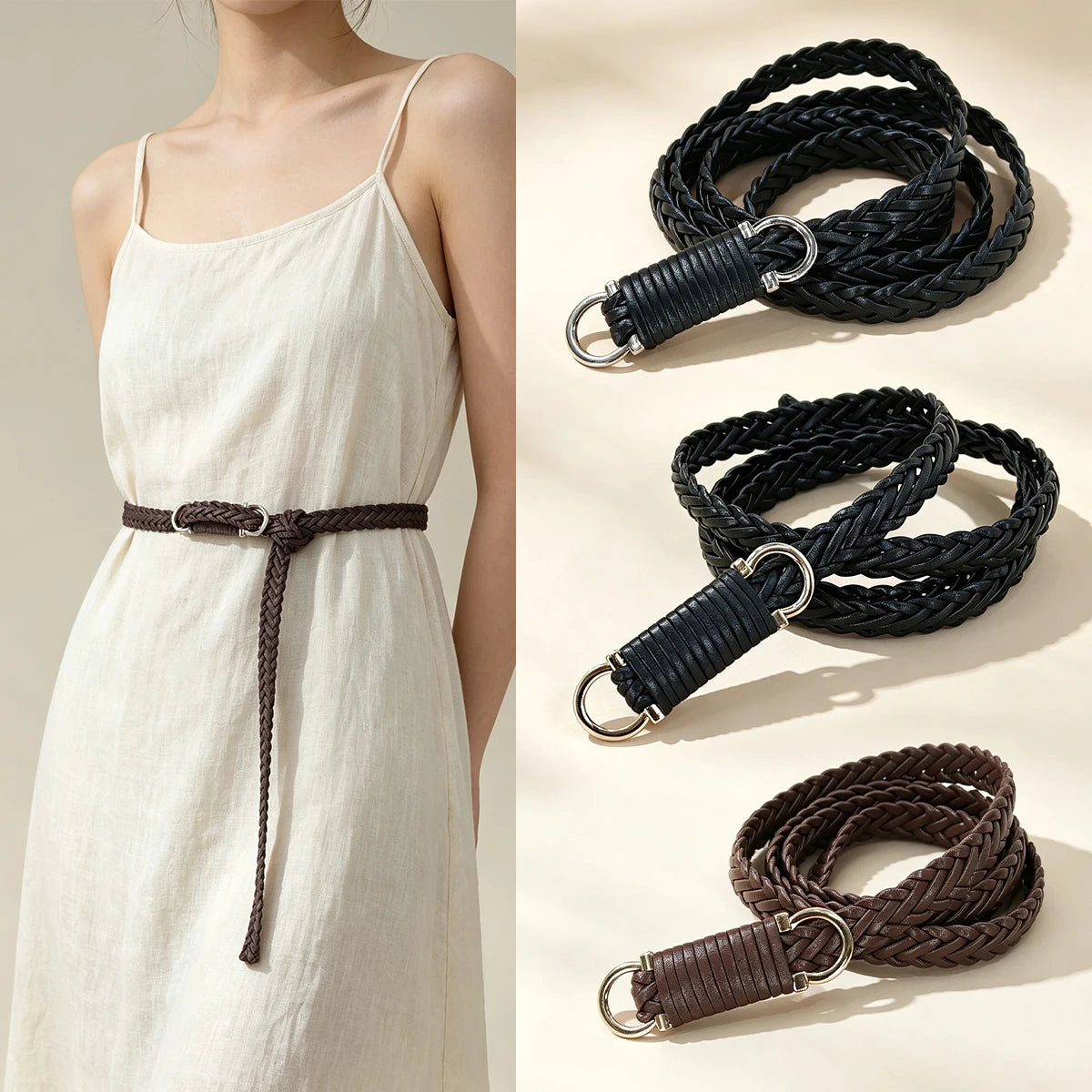 PULeather Braided Thin Belt For Woman Dress Shirt Decorative Girdles Strap Fashion Pin Buckle Female Waistband Ladies Waist Rope