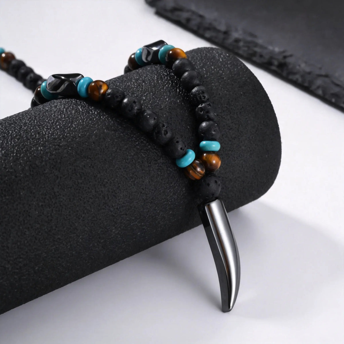 Punk Natural Stone Wolf's Tooth Necklace for Men,Healing Tiger Eye Hematite Pendant Necklace,Vintage Ethnic Jewelry