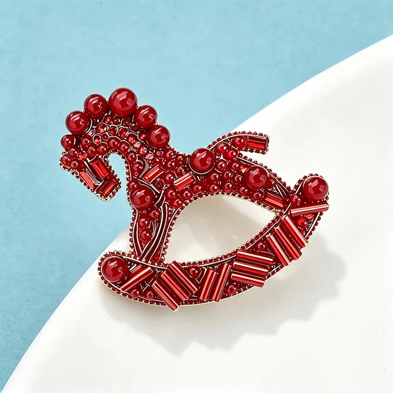 PENDRA Carousel Red-Bead Rocking Horse Brooch