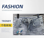 New Kpop Summer Casual Knee Length Men's Jeans Shorts Fashion Embroidered Rabbit Printed Hot Drilled Slim Thin Short Trousers