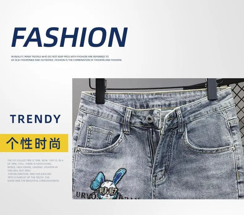 New Kpop Summer Casual Knee Length Men's Jeans Shorts Fashion Embroidered Rabbit Printed Hot Drilled Slim Thin Short Trousers