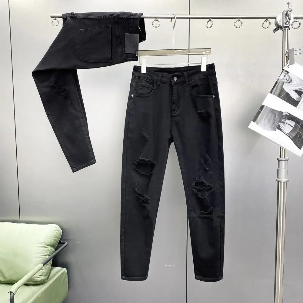 Ripped Jeans Men's Summer Thin Casual Elastic Versatile White Jeans Men's Korean Trendy Pants denim men clothing cargo pants