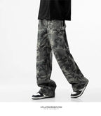 Camouflage Tooling Jeans Autumn New High Street Retro Loose Straight Wide Leg Baggy Trousers Cargo Pants Men Low Rise Jeans