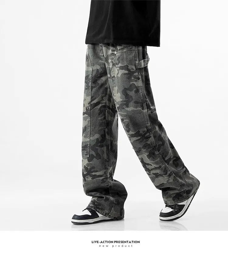 Camouflage Tooling Jeans Autumn New High Street Retro Loose Straight Wide Leg Baggy Trousers Cargo Pants Men Low Rise Jeans