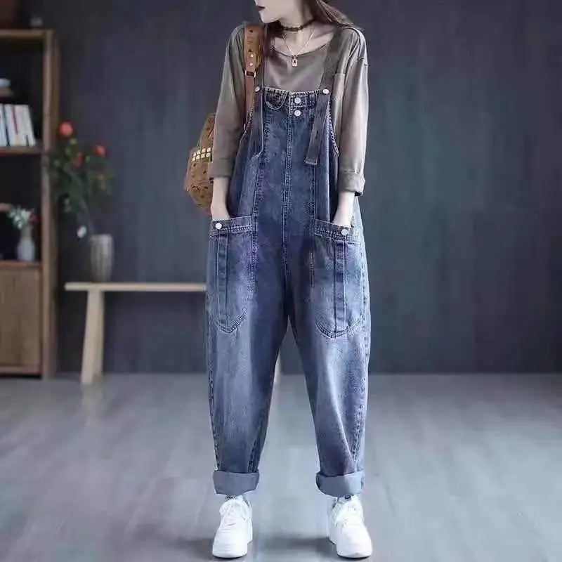 Minimalist jeans overalls women's spring new Korean version loose fit big pocket versatile trendy Harlan casual rompers