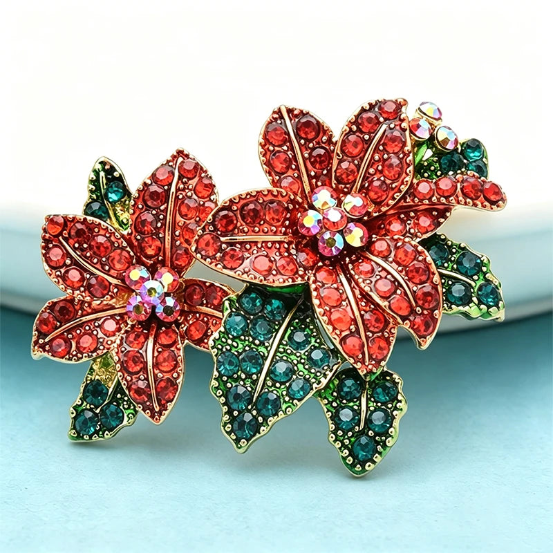 PENDRA Scarlet Red Rhinestone Alloy Flower Brooch