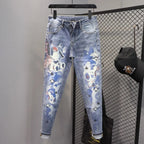 Spring and Autumn 2025 Elastic Slim Small Foot Jeans Men's Korean Trendy Versatile Luxury Clothing Trendy Graffiti Printed Pants