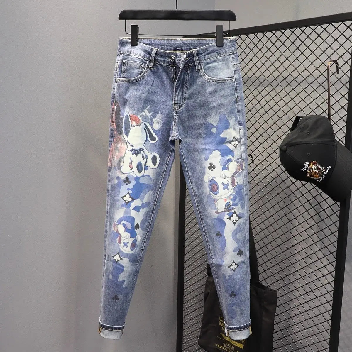Spring and Autumn 2025 Elastic Slim Small Foot Jeans Men's Korean Trendy Versatile Luxury Clothing Trendy Graffiti Printed Pants