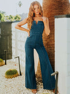 New Light Blue Washed Denim Jumpsuit With High Waist, Wide Legs, and Flared Trousers; Retro Casual Women's Clothing, Summer outfits for women