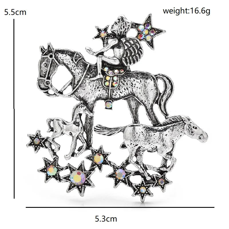 Wuli&baby Vintage Angel Ride Horses Brooches For Women Unisex Metal Lucky Year Of The Horse Animal Office Casual Brooch Pins