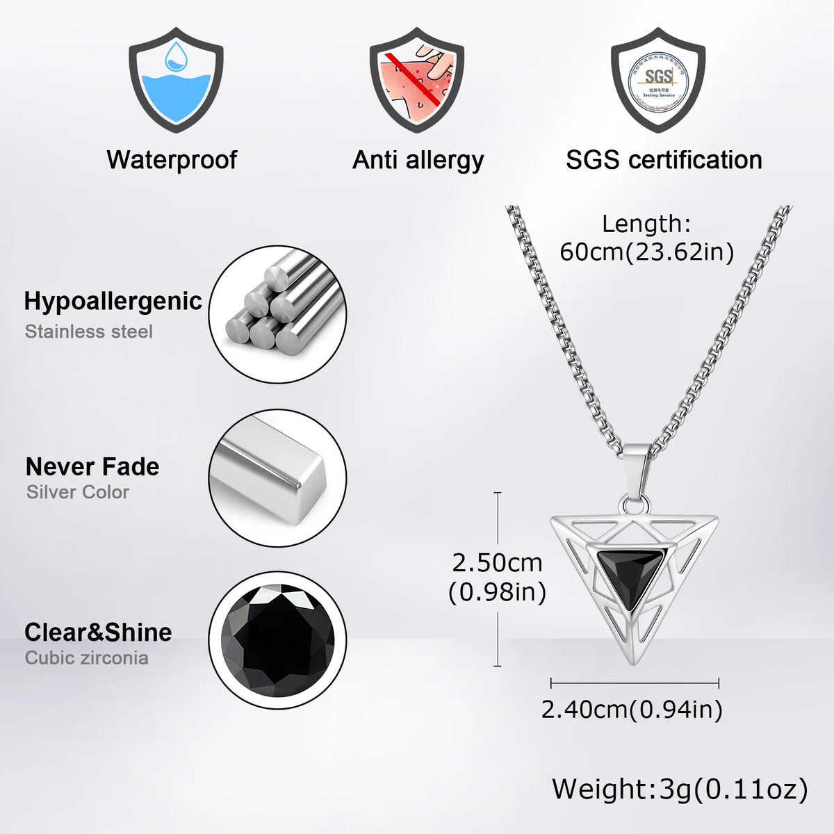 Black Triangle Stone Pendant Necklace for Men,Stainless Steel Hollow Geometric Pendant Necklace,Gothic Punk Hip Hop Jewelry Gift
