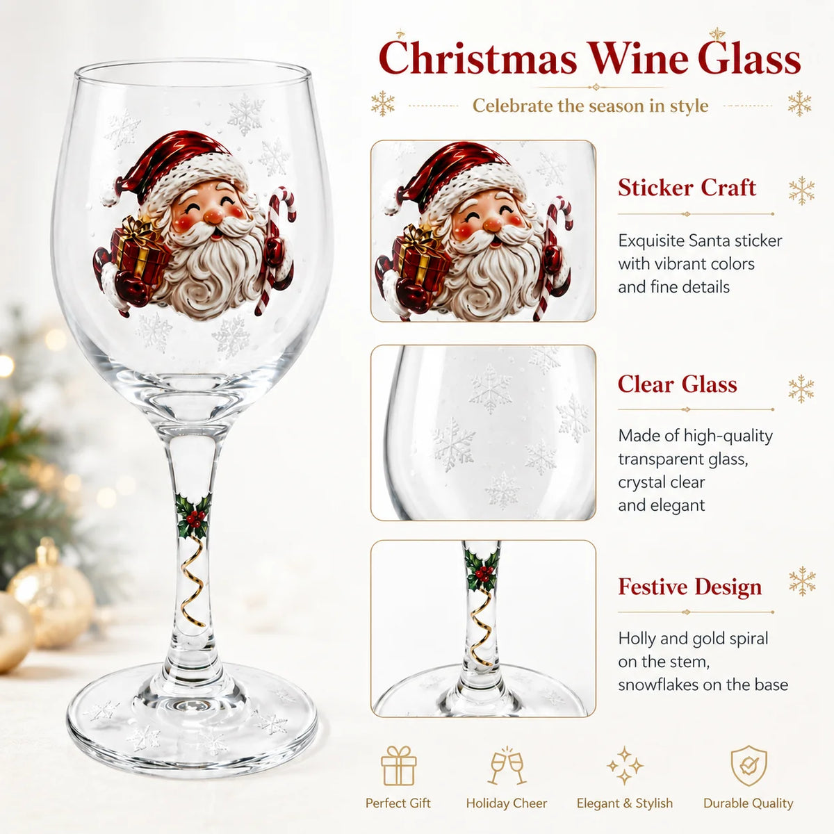 Christmas Themed Wine Goblet with Santa Pattern Clear Glass Cup for Party Home Table Decor