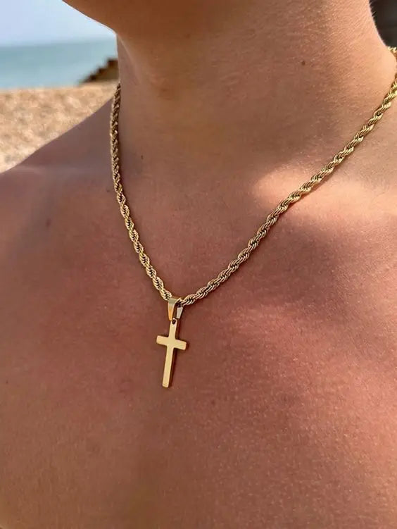 Gold Color Cross Necklaces for Men Boys,Stainless Steel Pendant Necklaces with 50cm Twist Rope Chain,Beach Surfing Jewelry Gift