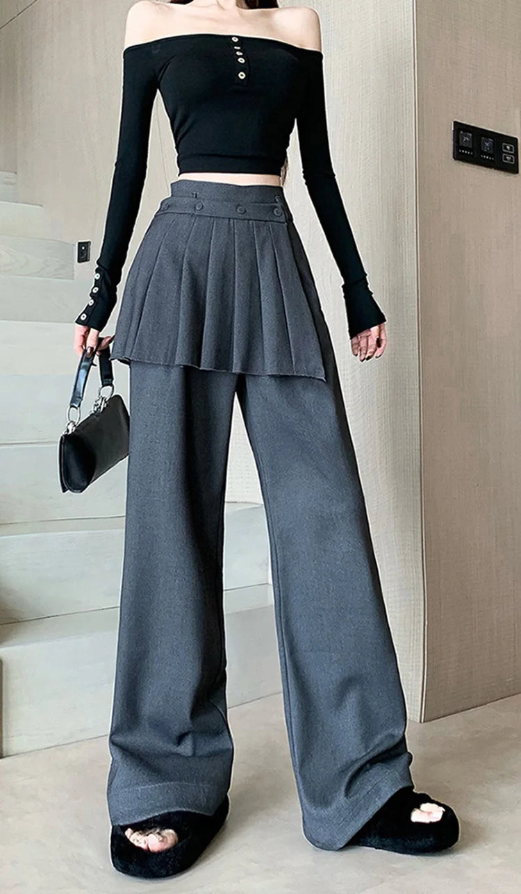Suit wide leg pants skirt women's autumn design sense fake two piece pleated skirts high waisted loose floor length pants