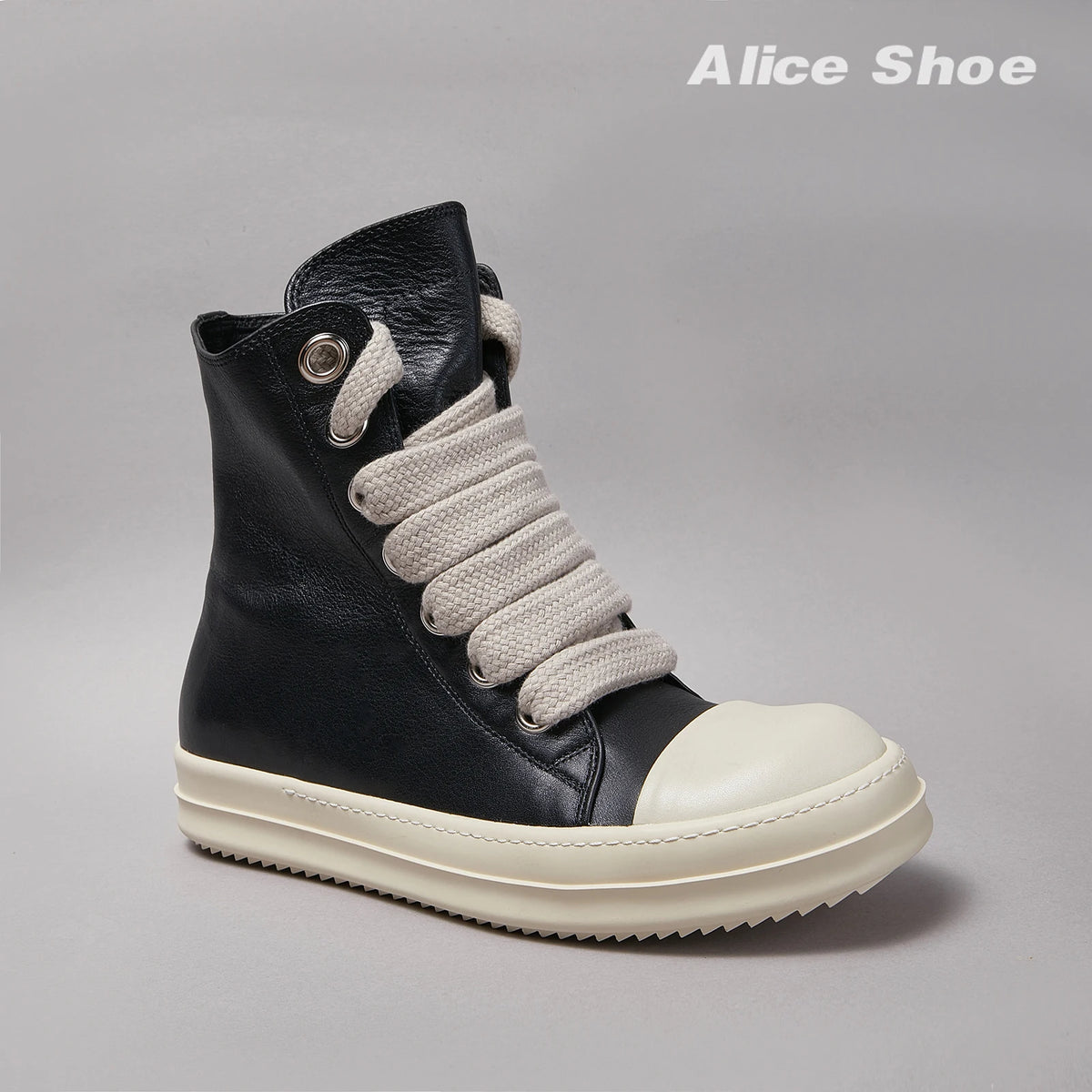 PENDRA Jumbo Black Black Leather High-Top Jumbo-Lace Zip Thick-Sole Ankle Boots