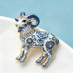 PENDRA Porcelain Goat Blue-and-White Brooch