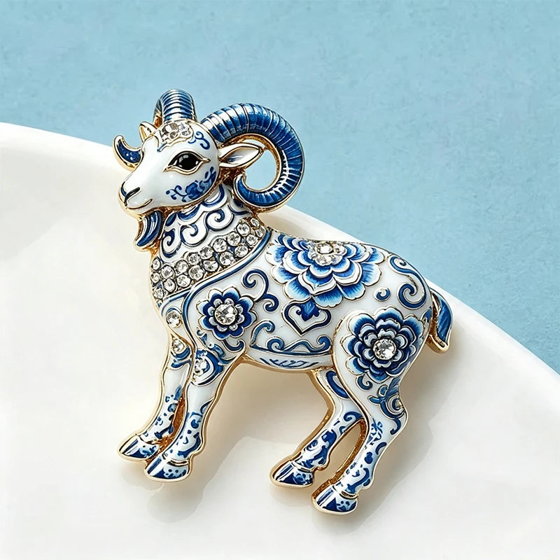 PENDRA Porcelain Goat Blue-and-White Brooch