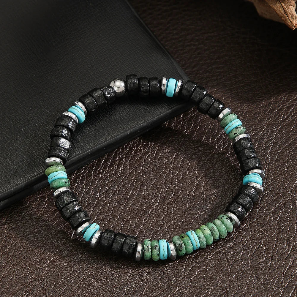 Bohemian Black Agate Beaded Bracelet for Men,Eiastic Green Stone Bead Bracelets,Handmade Stacking Stretch Bracelets Gift