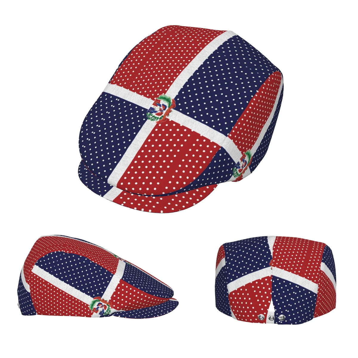 Flat-Top Hats Featuring a Polka Dot Design of The Dominican Flag, Suitable for Both Men And Women, Including Newsboy Caps