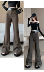 Retro solid color pants women autumn and winter high waisted casual and fashion versatile floor length flared trousers