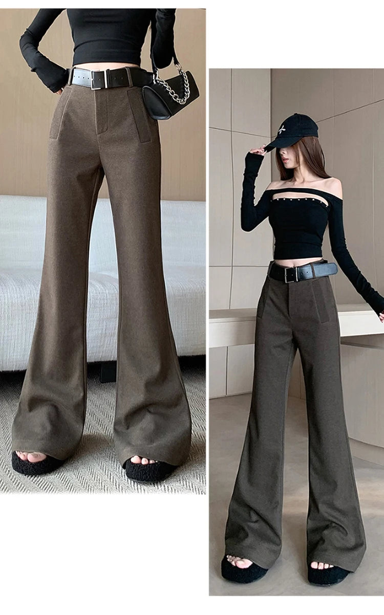 Retro solid color pants women autumn and winter high waisted casual and fashion versatile floor length flared trousers