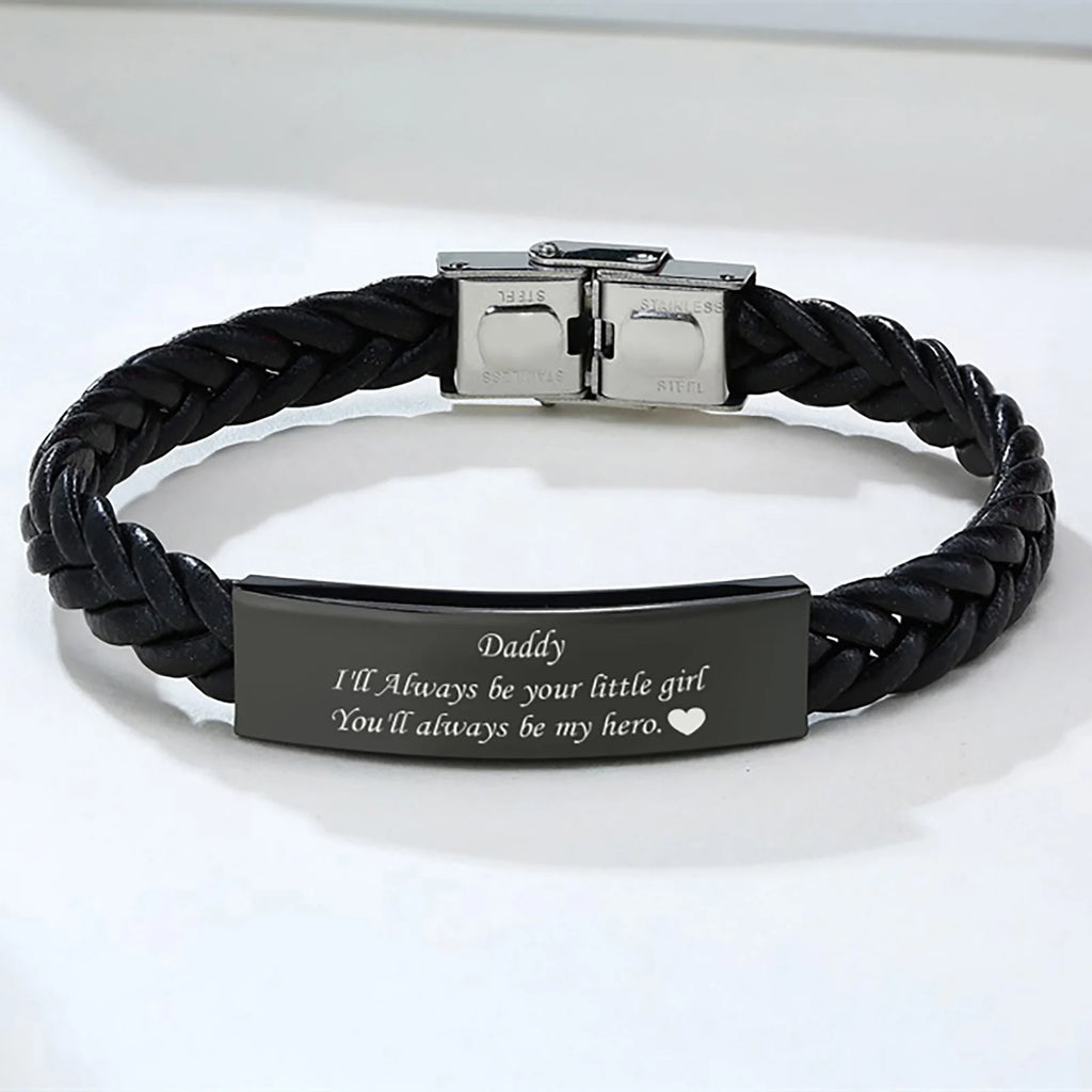 Black Leather Bracelet for Dad Him Men,Engraved Touching Words Stainless Steel Metal Wrsitband,Father's Day Gift